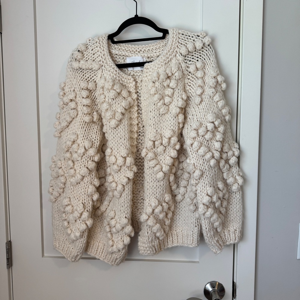 Chicwish Ivory Chunky Knit Pom Pom Heart Cardigan Wool Blend Open Front Sweater
